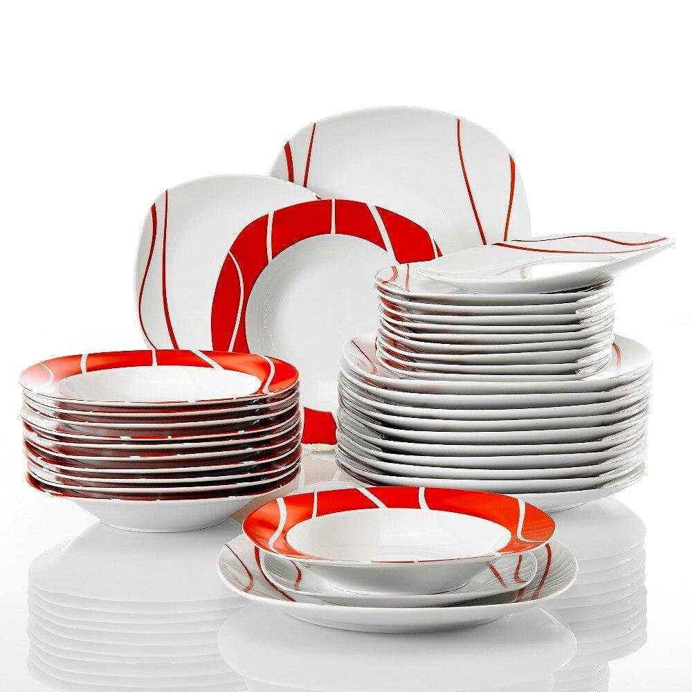 Series Felisa 36 Piece Red Stripes Ivory White Porcelain Dinner Set with 12 Piece Dessert Soup Dinner Plate Service Set (Red) - Nordic Side - 12, 36, Dessert, Dinner, Felisa, Ivory, MALACASA,