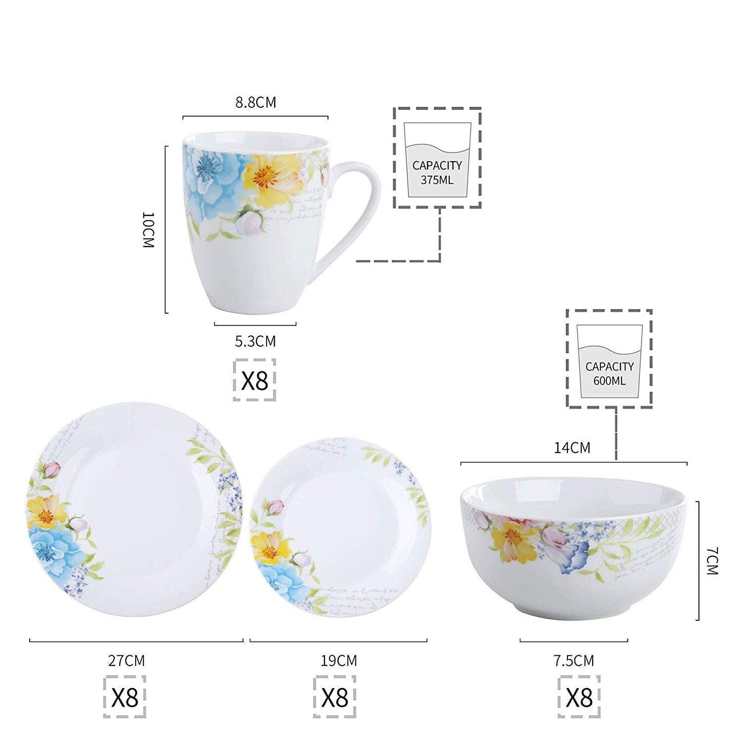 GRACIE 32-Piece Porcelain Ceramic Tableware Dinnerware Set with 4*Dinner Plate,Dessert Plate,Cereal Bowl,380ML Mug Set - Nordic Side - 32, 380, Bowl, Ceramic, Dinner, Dinnerware, GRACIE, ML, 