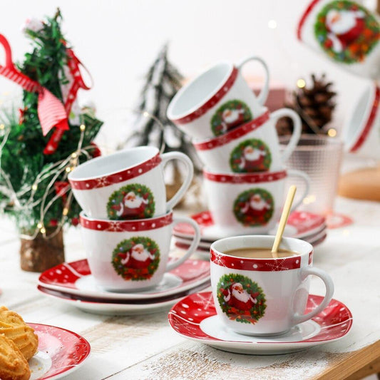 SANTACLAUS 12-Piece Christmas White Porcelain Drinkware Cups and Saucers Set Service for 6 Person - Nordic Side - 12, and, Christmas, Coffee, Cups, Drinkware, Espresso, for, Person, Piece, Po