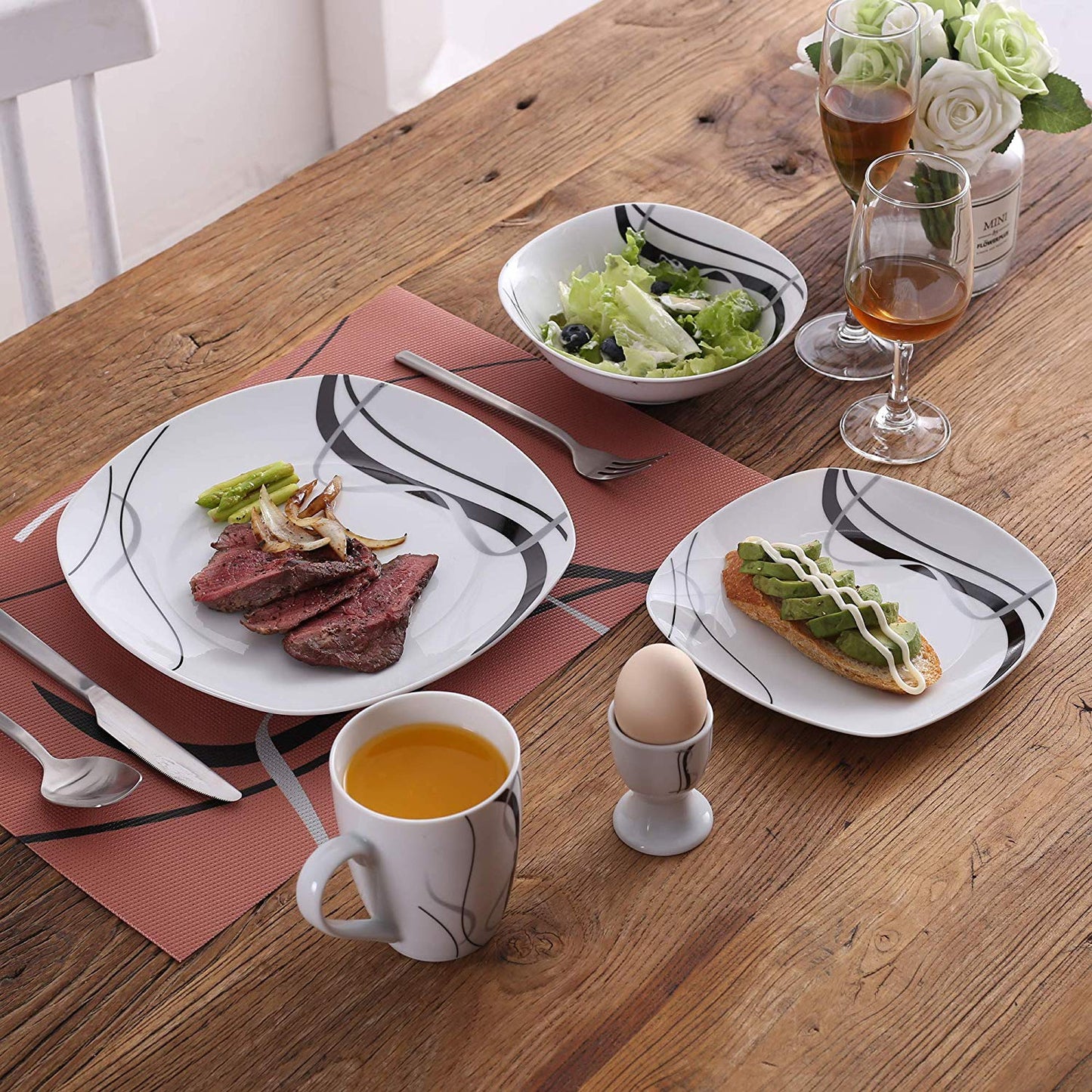 FIONA 20-Piece Black Stripe Porcelain Dinner Kitchen Plate Combi-Set with Egg Cup/Mug/Bowl/Dessert Plate/Dinner Plate - Nordic Side - 20, Black, CombiSet, CupMugBowlDessert, Dinner, Egg, FION