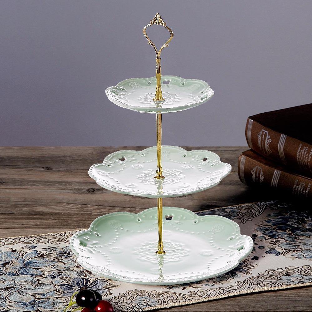 3 Tier Green Ceramic Cake Tower Stand14.5" Tall Porcelain Party Food Server Display Holder with Golden Carry Handle (Green Round) - Nordic Side - 145, Cake, Carry, Ceramic, Display, Food, Gol