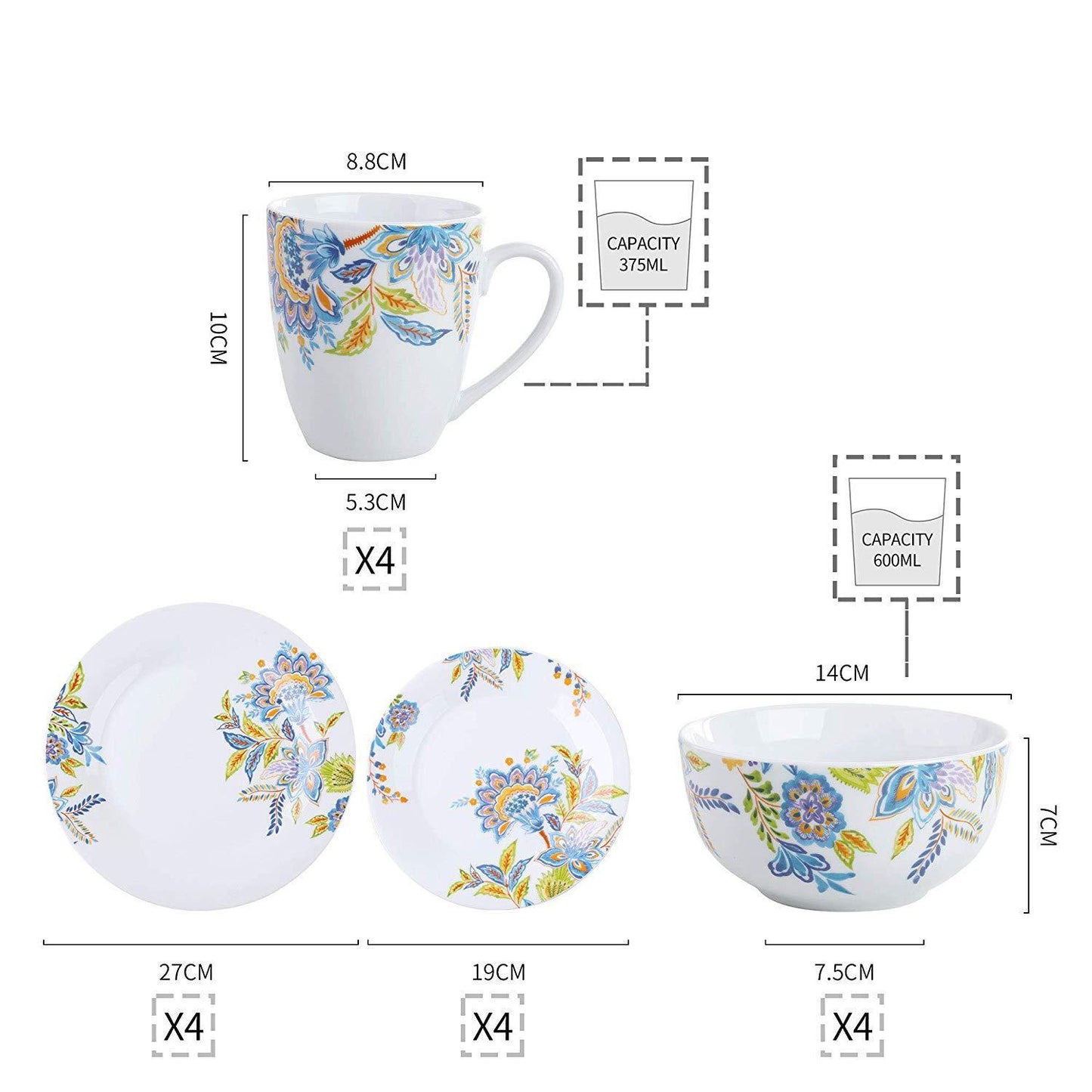 HALLIE 32-Piece Porcelain Ceramic Dinnerware Tableware Set with 8*Dinner Plate,Dessert Plate,Cereal Bowl,380ML Mug Set - Nordic Side - 32, 380, Bowl, Ceramic, Dinner, Dinnerware, HALLIE, ML, 