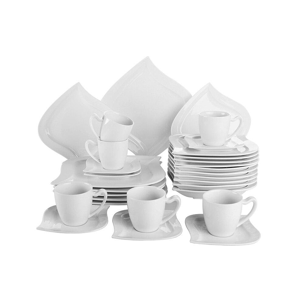 Serie Elvira 30 Piece White Porcelain Dinner Set with 6 Piece Cups Saucers Dessert Soup Dinner Plates for 6 Person (White) - Nordic Side - 30, Cups, Dessert, Dinner, Elvira, for, MALACASA, Pe