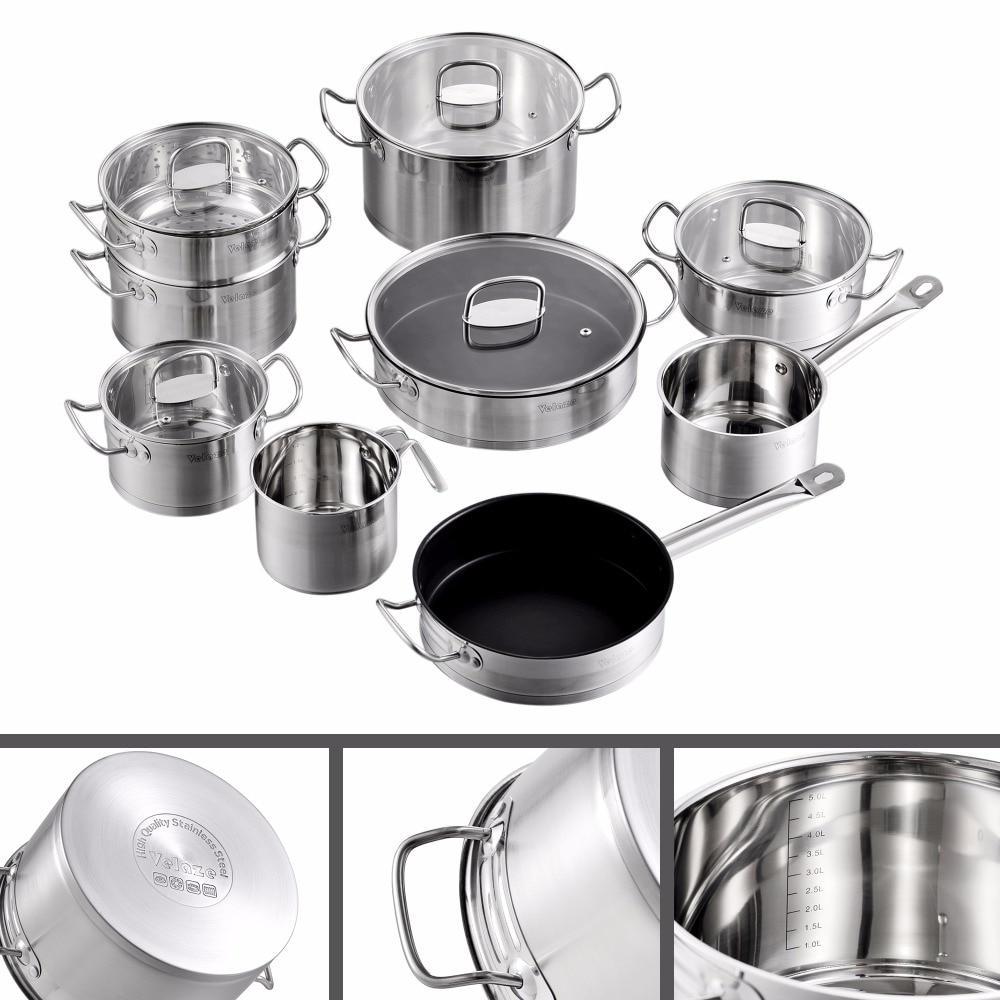 Cookware Set 14 Piece Stainless Steel Kitchen Cooking Pot & Pan Sets,Induction SafeSaucepanCasserolewith Glass lid (Silver) - Nordic Side - 14, Casserole, Cooking, Cookware, Glass, Kitchen, l