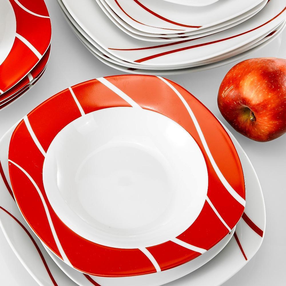 Series Felisa 18 Piece Red Stripes Ivory White Porcelain Dinner Set with 6 Piece Dessert Soup Dinner Plates Service Set (Red) - Nordic Side - 18, Dessert, Dinner, Felisa, Ivory, MALACASA, Pie