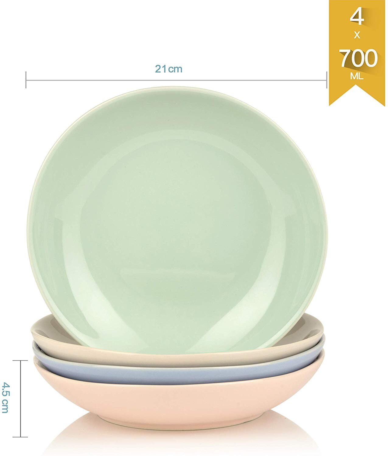 4-Pieces 8" Oval Porcelain Ceramic Dinner Soup Plates  (21.5*21.5*4.5cm) - Nordic Side - 21521545, Bowls, Ceramic, cm, Dessert, Dinner, Dishes, Fruit, Oval, Pieces, Plates, Porcelain, Salad, 