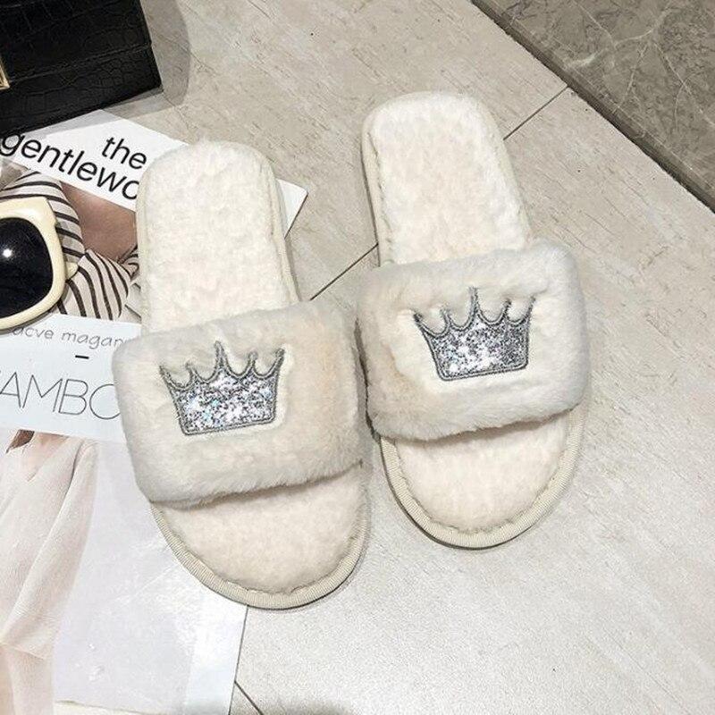 Crown Faux Fur Plush Indoor Slippers - Nordic Side - 