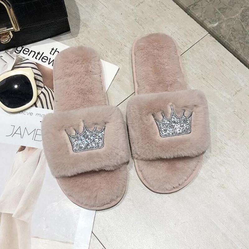 Crown Faux Fur Plush Indoor Slippers - Nordic Side - 