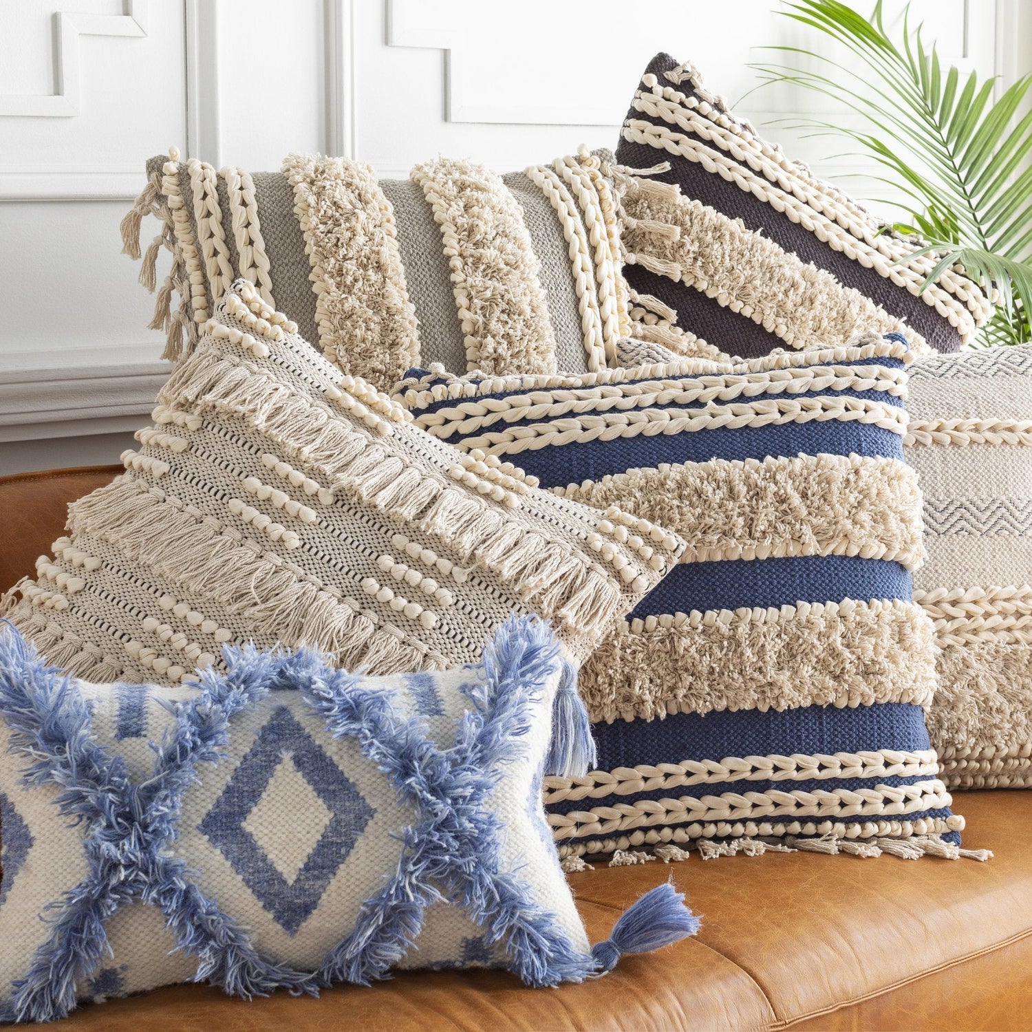 Denim Fringe Pillow with Tassels - Nordic Side - 