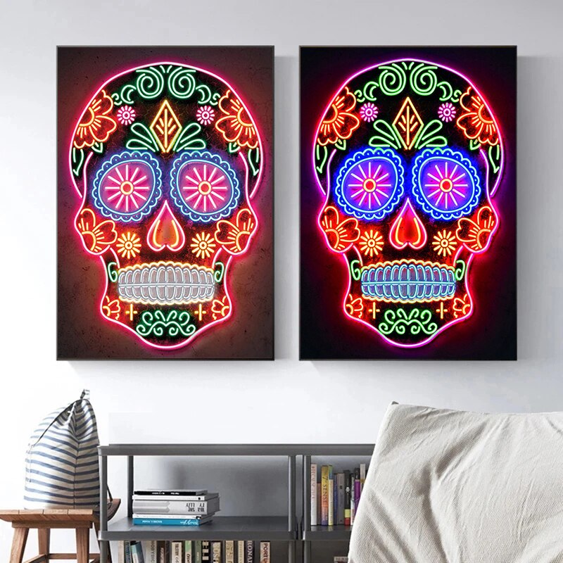 Colorful Neon Skull Wall Art