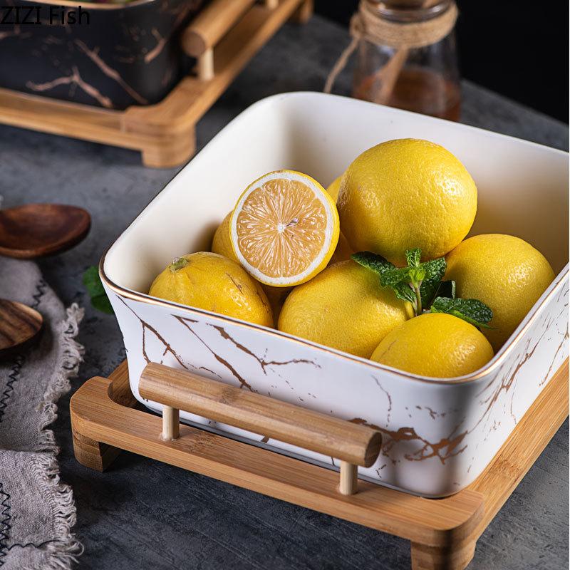 European Serving Bowl with Wooden Base (White)