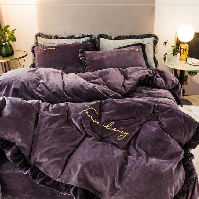 Simple Ruffles Velvet Bedding Set - Nordic Side - 