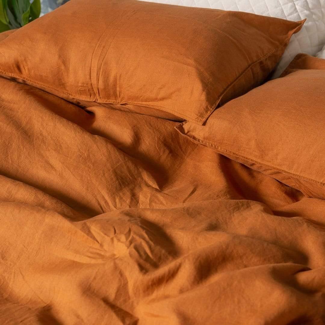 European Linen Duvet Cover Set (Mustard) - Nordic Side - bed, bedding, duvet