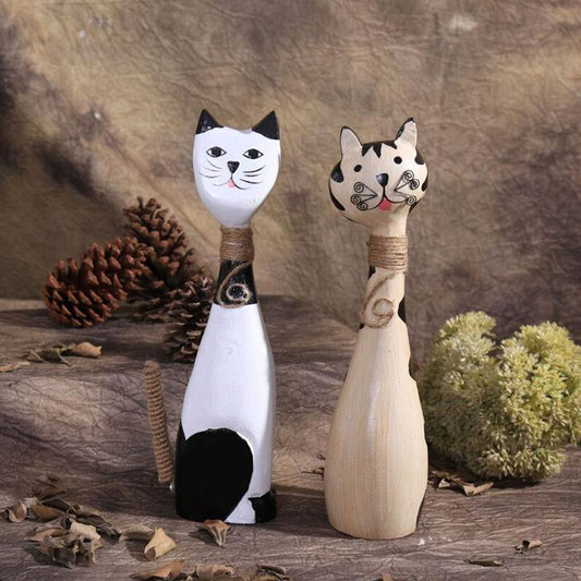 HomeQuill™ Couple Cat Wooden Figurine (Set of 2) - Nordic Side - 