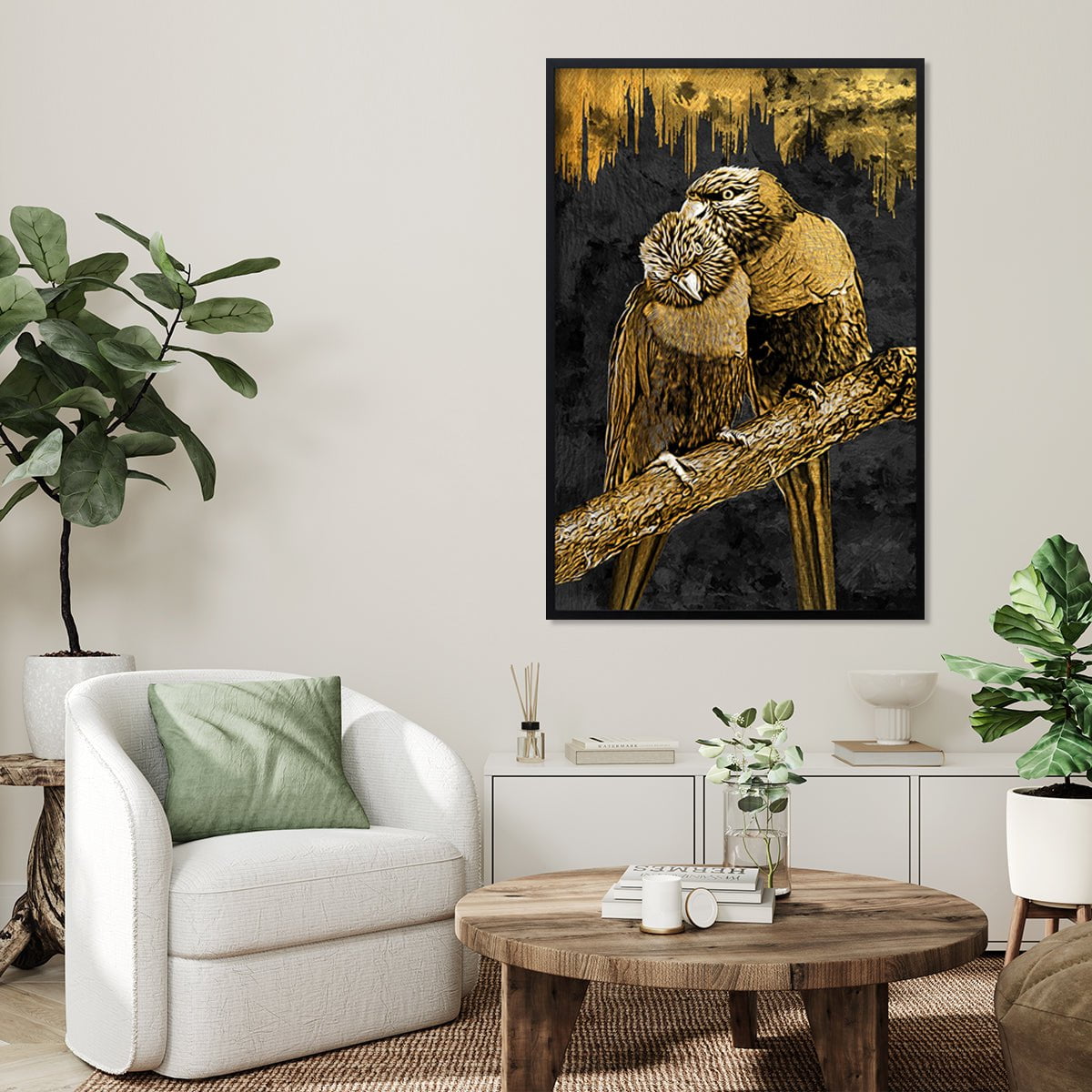 Golden Birds Abstract Art Stretched Canvas