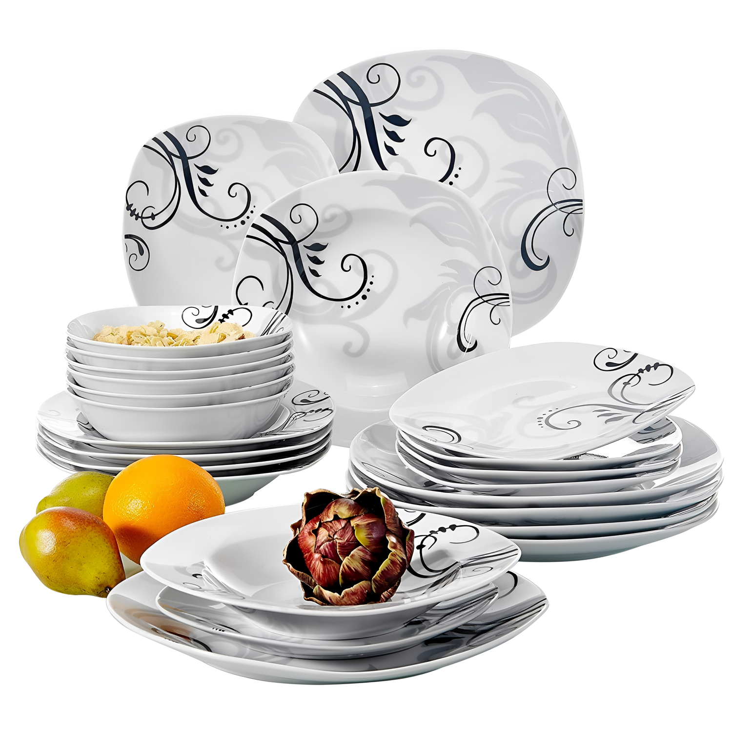 Zoey 24-Piece Porcelain Dinner Set with Black Decals | Dinnerware | NordicAbode.com