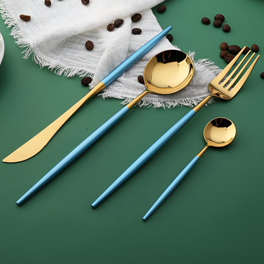 4 4-Piece Blue & Gold Cutlery Set | Tableware | NordicAbode.com