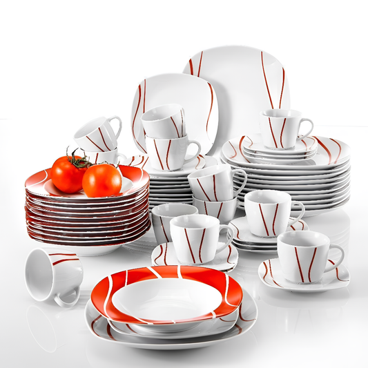 Series 60-Piece Red Stripe Porcelain Dinner Set | Dinnerware | NordicAbode.com