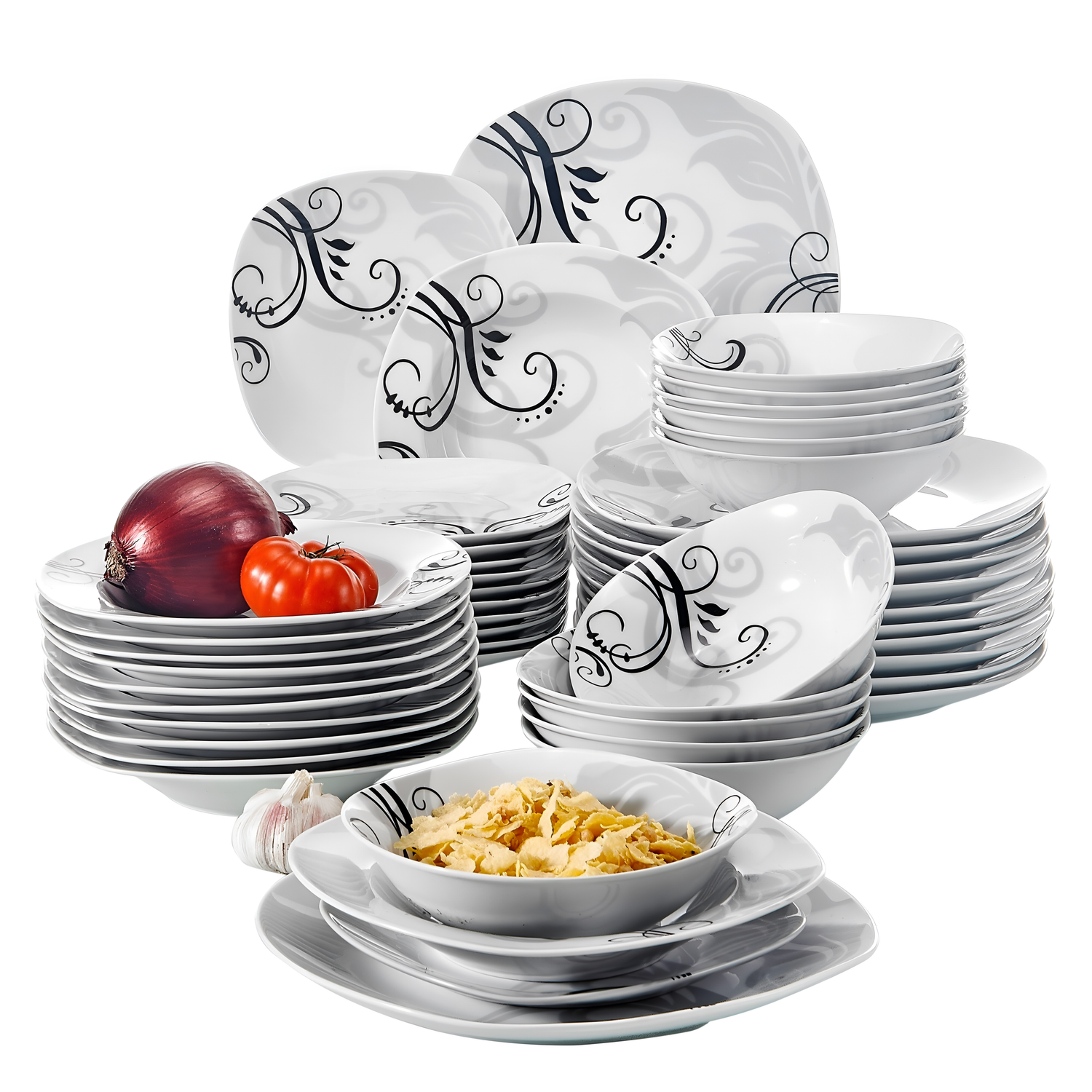 Zoey 48-Piece Porcelain Dinner Set with Black Decals | Dinnerware | NordicAbode.com