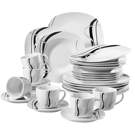 Fiona 30-Piece Porcelain Plate Combi-Set - Black Lines | Dinnerware | NordicAbode.com