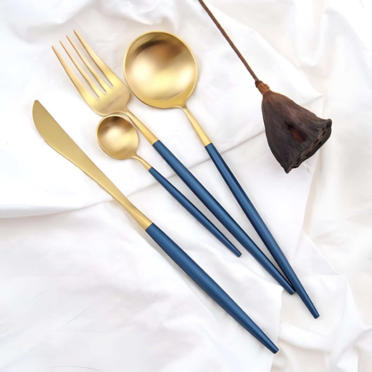 4 Blue & Gold Cutlery Set - 4 Pieces | Tableware | NordicAbode.com