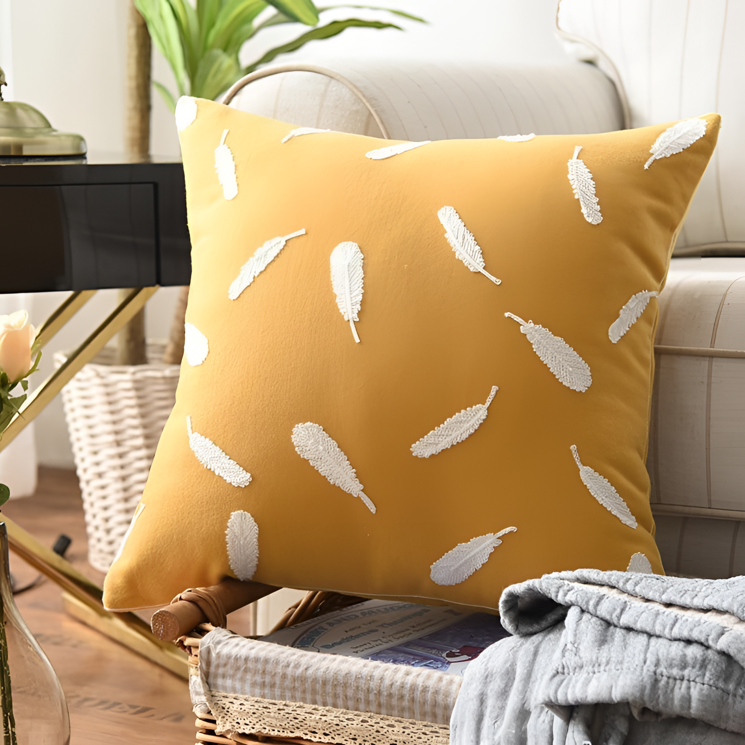 Feather Yellow Feather Cushion Cover | Cushions | NordicAbode.com