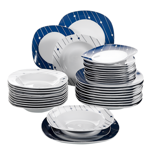 Dot004 36-Piece Porcelain Dinner Set - Blue Dots and Lines | Dinnerware | NordicAbode.com