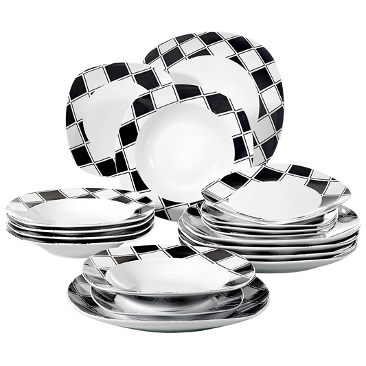 Nicole 18-Piece Porcelain Dinnerware Set - Black Grids | Dinnerware | NordicAbode.com