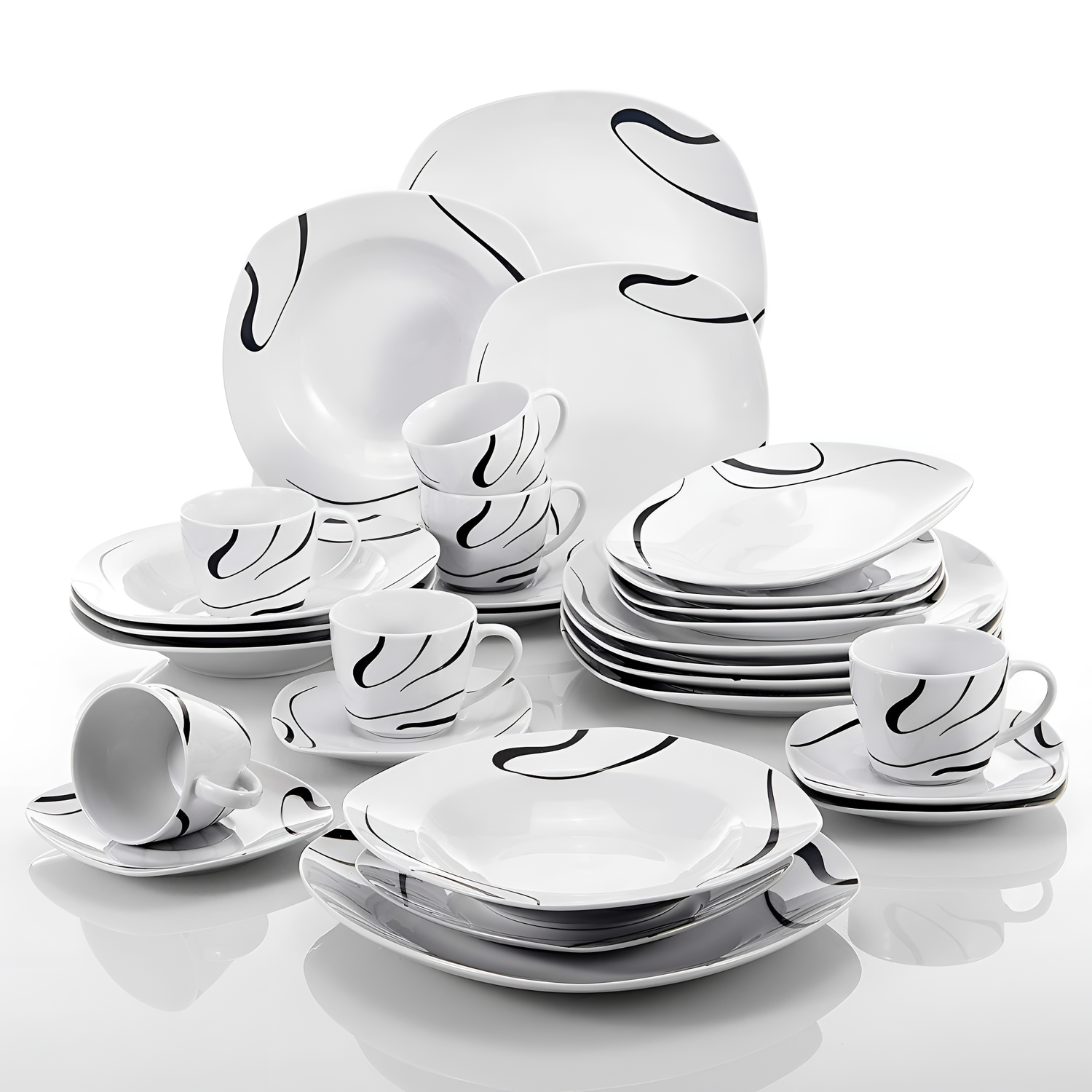 Kayla 30-Piece Porcelain Dinner Set with Black Lines | Dinnerware | NordicAbode.com