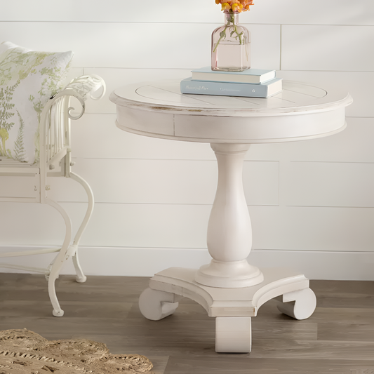 Bezons Distressed Pedestal End Table | Living Room Furniture | NordicAbode.com