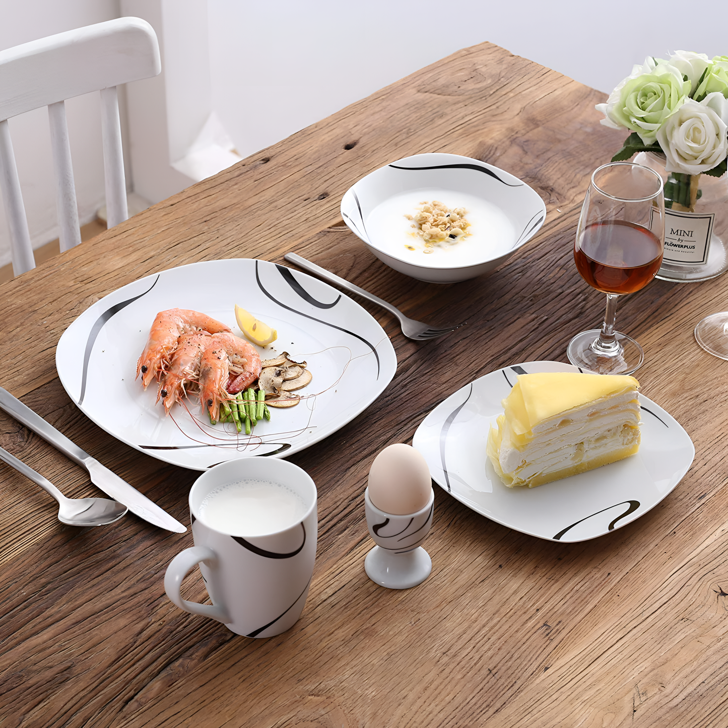 Kayla 40-Piece Porcelain Dinner Set - Black Lines | Dinnerware | NordicAbode.com