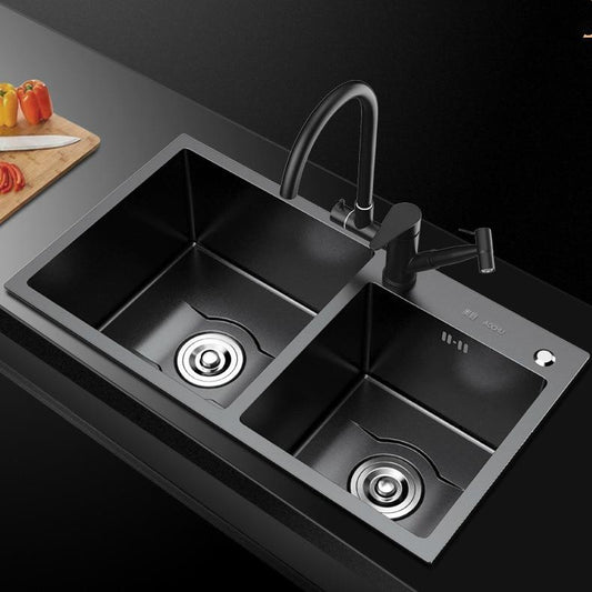 Daxon - Black Nano Stainless Steel Double Kitchen Sink with Soap Dispenser - Nordic Side - 03-18, modern-pieces