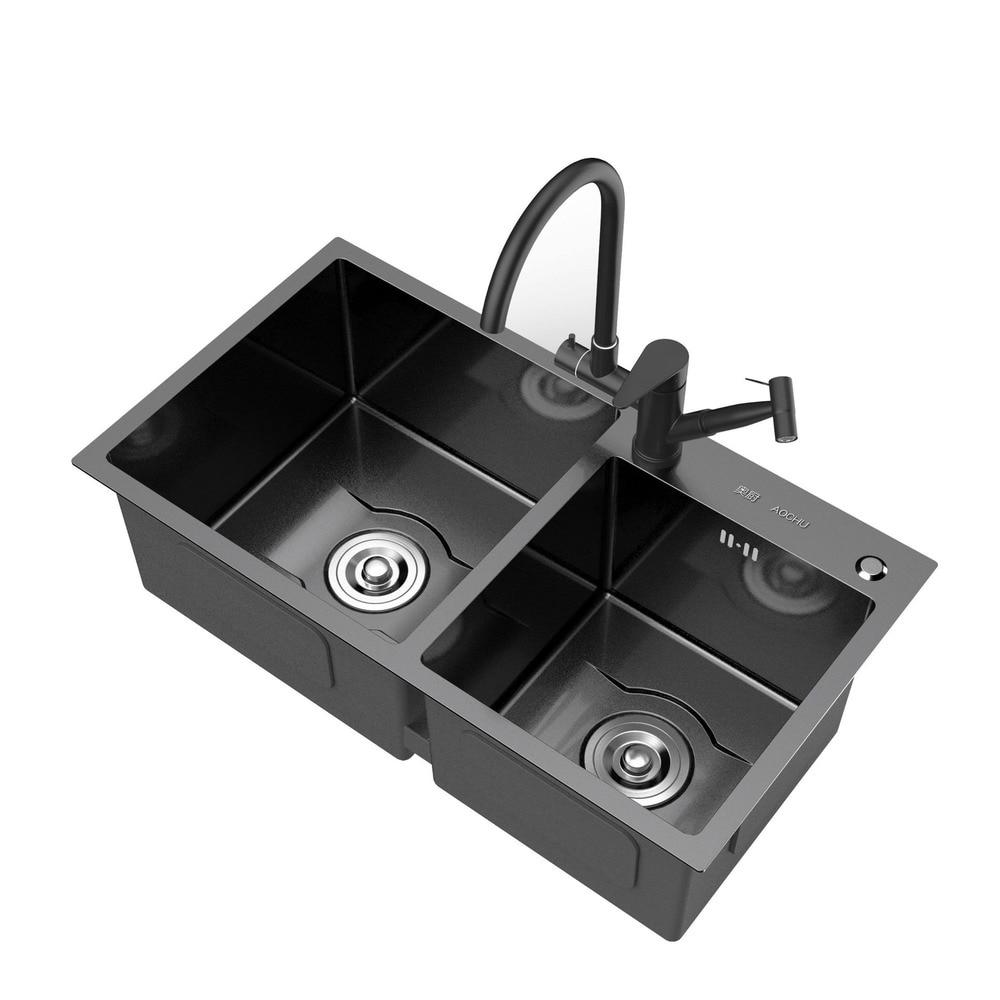 Daxon - Black Nano Stainless Steel Double Kitchen Sink with Soap Dispenser - Nordic Side - 03-18, modern-pieces