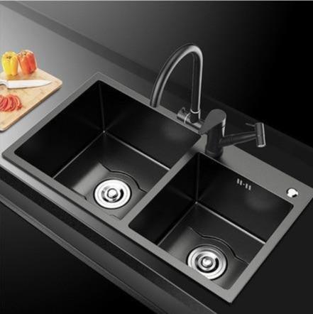 Daxon - Black Nano Stainless Steel Double Kitchen Sink with Soap Dispenser - Nordic Side - 03-18, modern-pieces