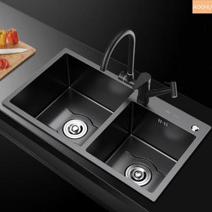 Daxon - Black Nano Stainless Steel Double Kitchen Sink with Soap Dispenser - Nordic Side - 03-18, modern-pieces