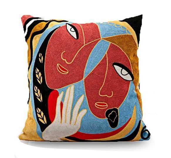 Cotton Picasso Embroidered Square Pillow Case - Nordic Side - 