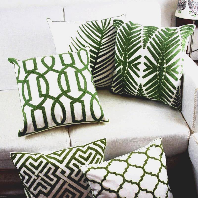 Green Leaf Embroidery Cushion Cover - Nordic Side - 