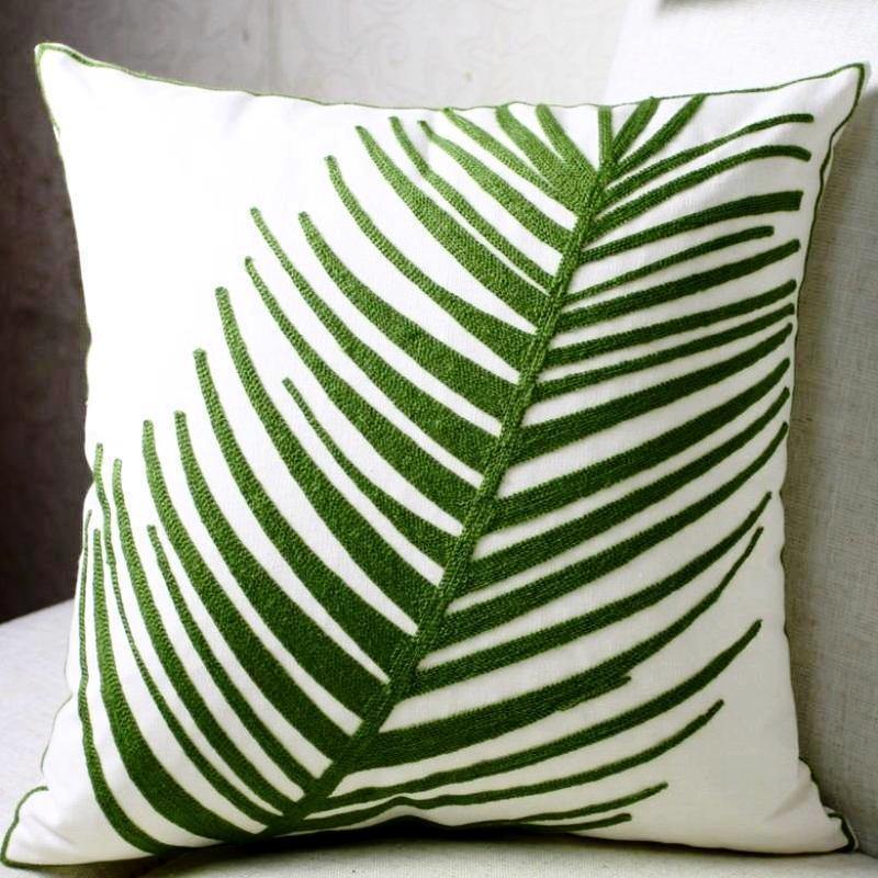 Green Leaf Embroidery Cushion Cover - Nordic Side - 