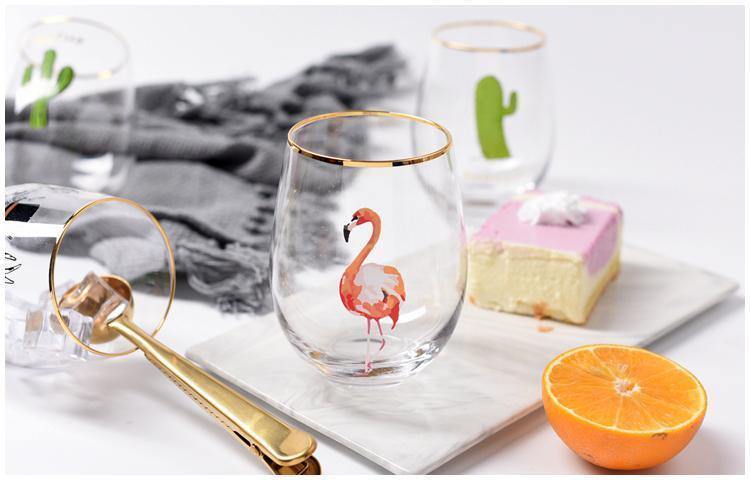 2pcs/lot Creative Flamingo Cactus Cat Printed Glod Glass Cup Crystal Water Wine Beer Drinking Glass - Nordic Side - 