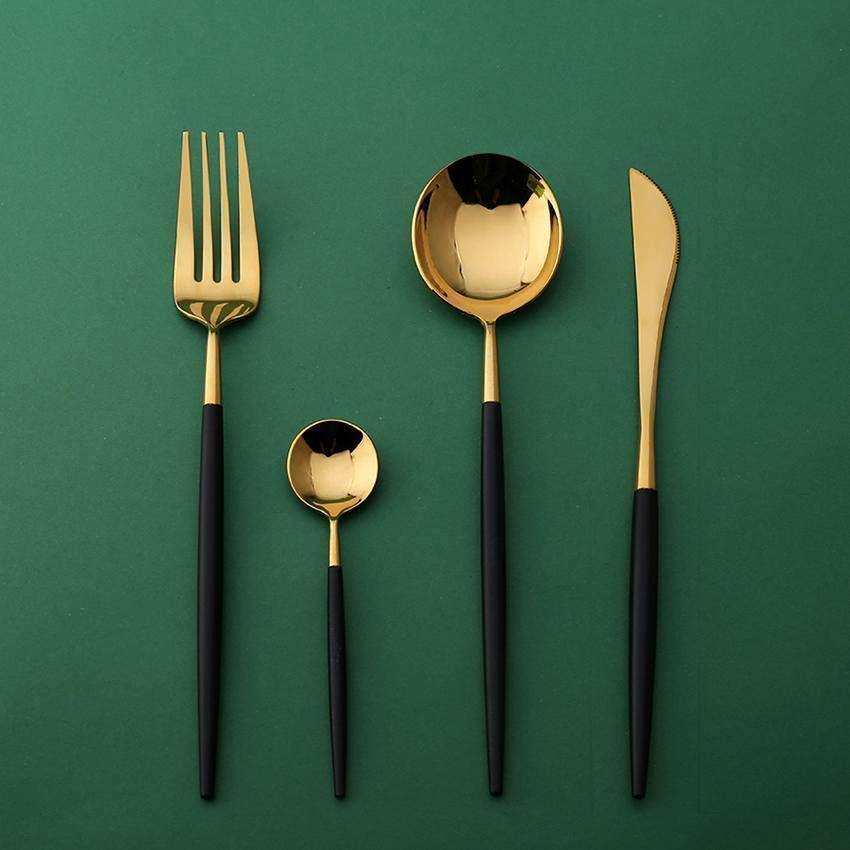 4 Pcs Mirror Surface Black & Gold Cutlery Set - Nordic Side - 