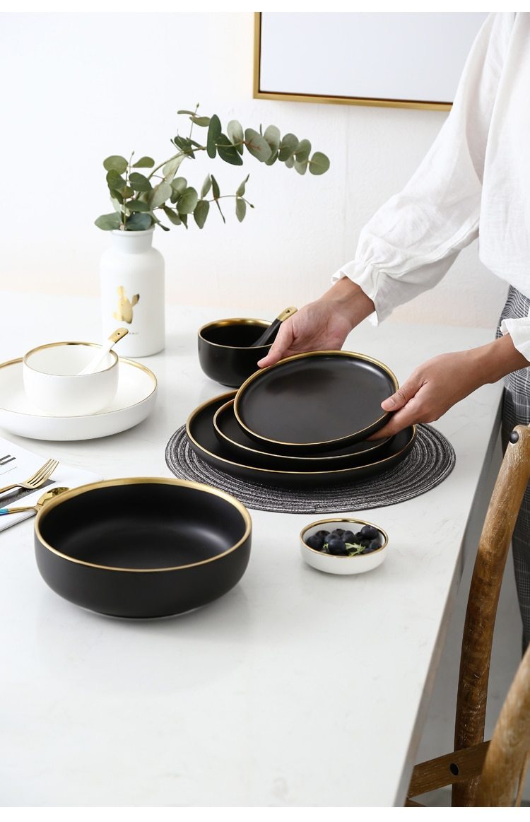 Black & White Ceramic Dinnerware with Gold Rim - Nordic Side - 