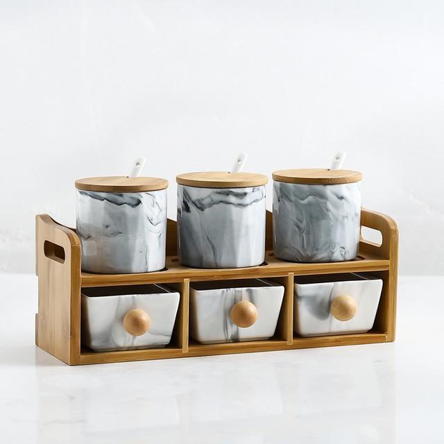 Marble Ceramic Spice Jar with Drawer - Nordic Side - 