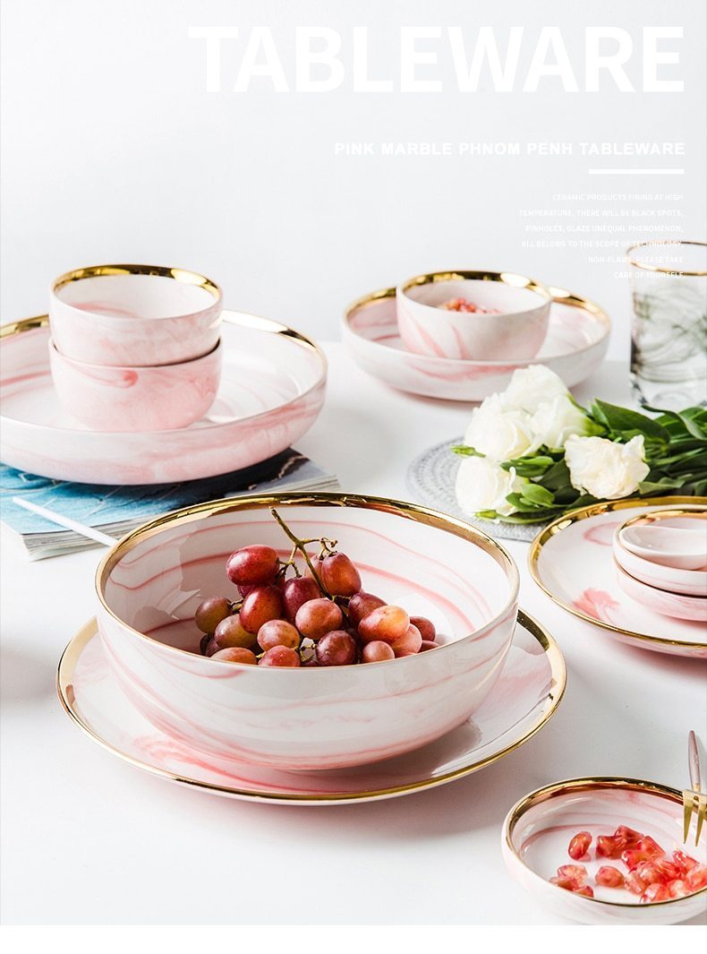 Pink Marble with Gold Rim Dinnerware - Nordic Side - 