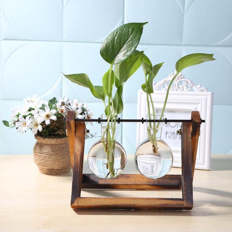 Hydroponics Glass Vase With Wooden Frame