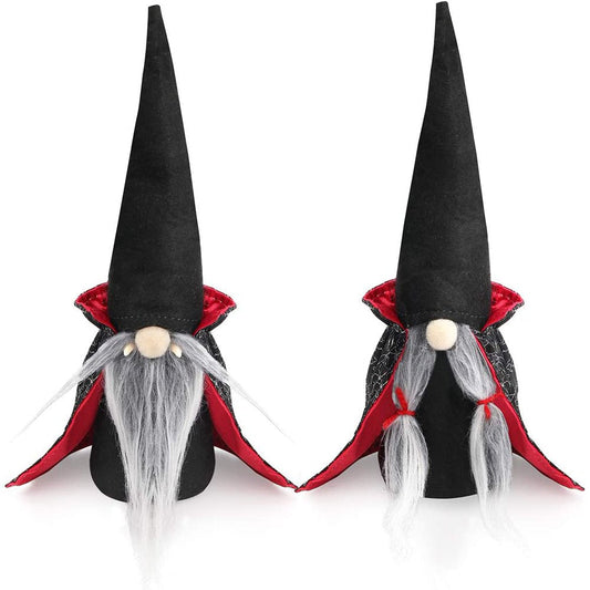 Halloween Gnomes Plush Decor, 2 Pack Handmade Tomte Swedish Gnome Nisse Scandinavian Gnomes Ornaments with Black Witch Cloak Hat Halloween Table Decorations Gifts