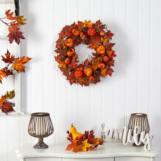 24" Autumn Maple Leaves, and Berries Fall Wreath - 24