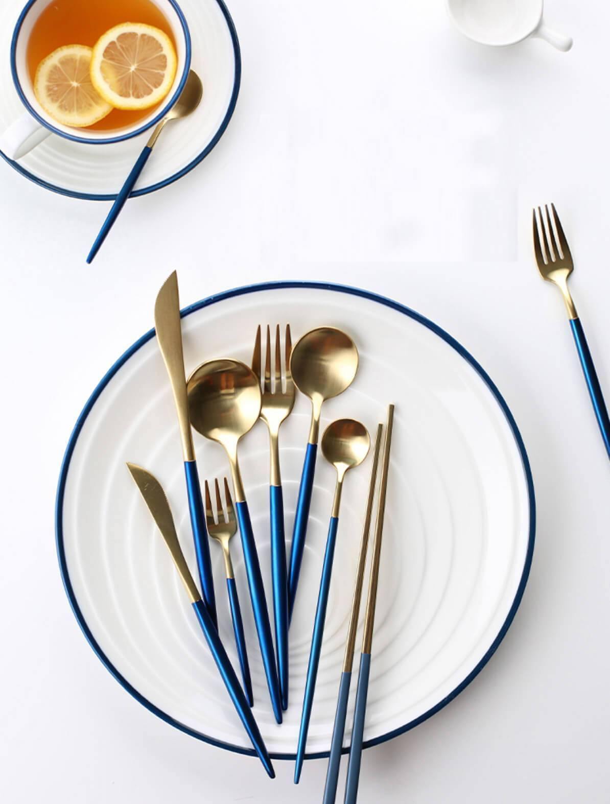 4 Pcs Blue & Gold Cutlery Set - Nordic Side - 