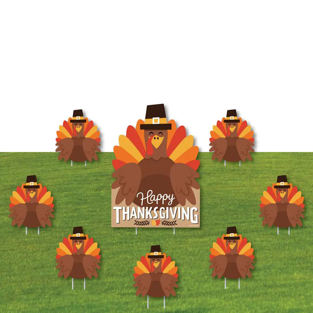 Fall Turkey - Yard Sign and Outdoor Lawn Decorations - Happy Thanksgiving Harvest Yard Signs - (Set of 8)
