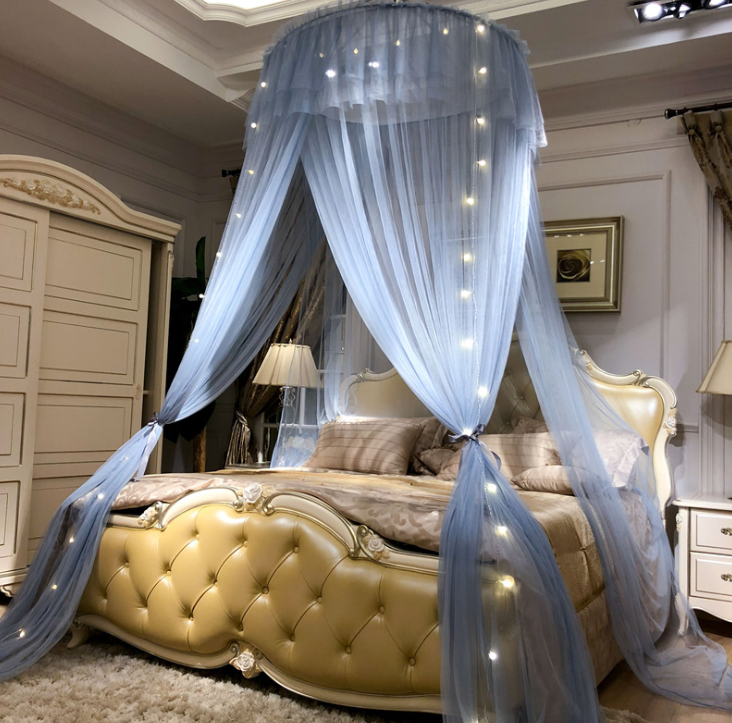 Three Door Romantic Round Dome Double Ruffles Bed Canopy With Light Bulb - Nordic Side - 