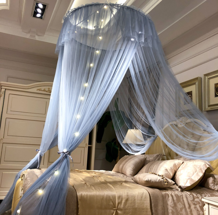 Three Door Romantic Round Dome Double Ruffles Bed Canopy With Light Bulb - Nordic Side - 